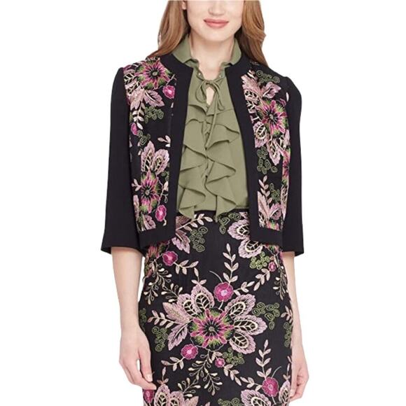 TAHARI ASL Floral Embroidered Collarless Jacket Black Classic Unique Size 4 Work - Picture 1 of 16